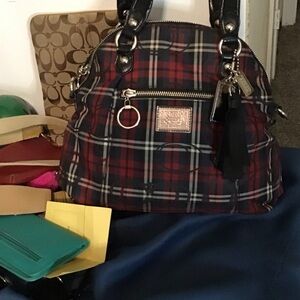 Coach Plaid Dome Satchel - Red and Navy poppy